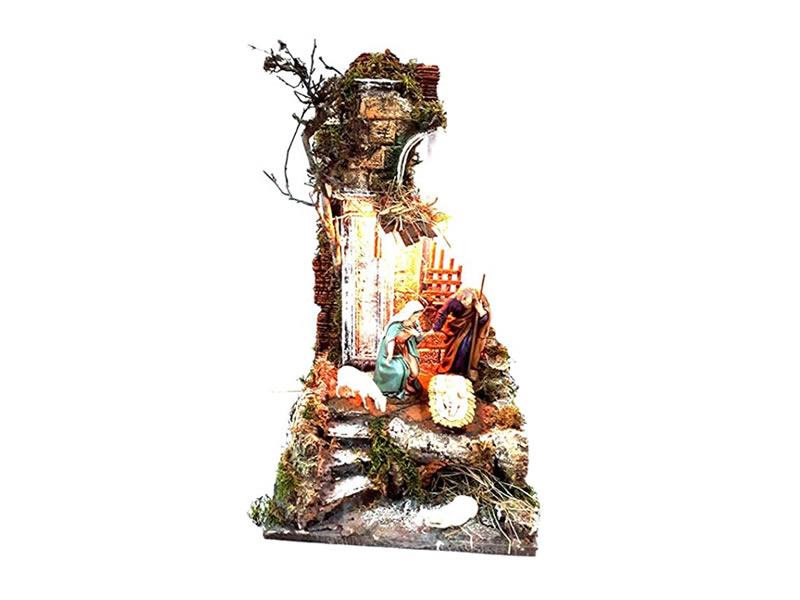 Presepe Completo Sughero e Legno Napoletano Tempio con 3 pastori 16 cm  PLASTICA E 2 Pecore Crib 20x27 cm Alto 45 cm + LUCI statuine presepe ricevi  Un