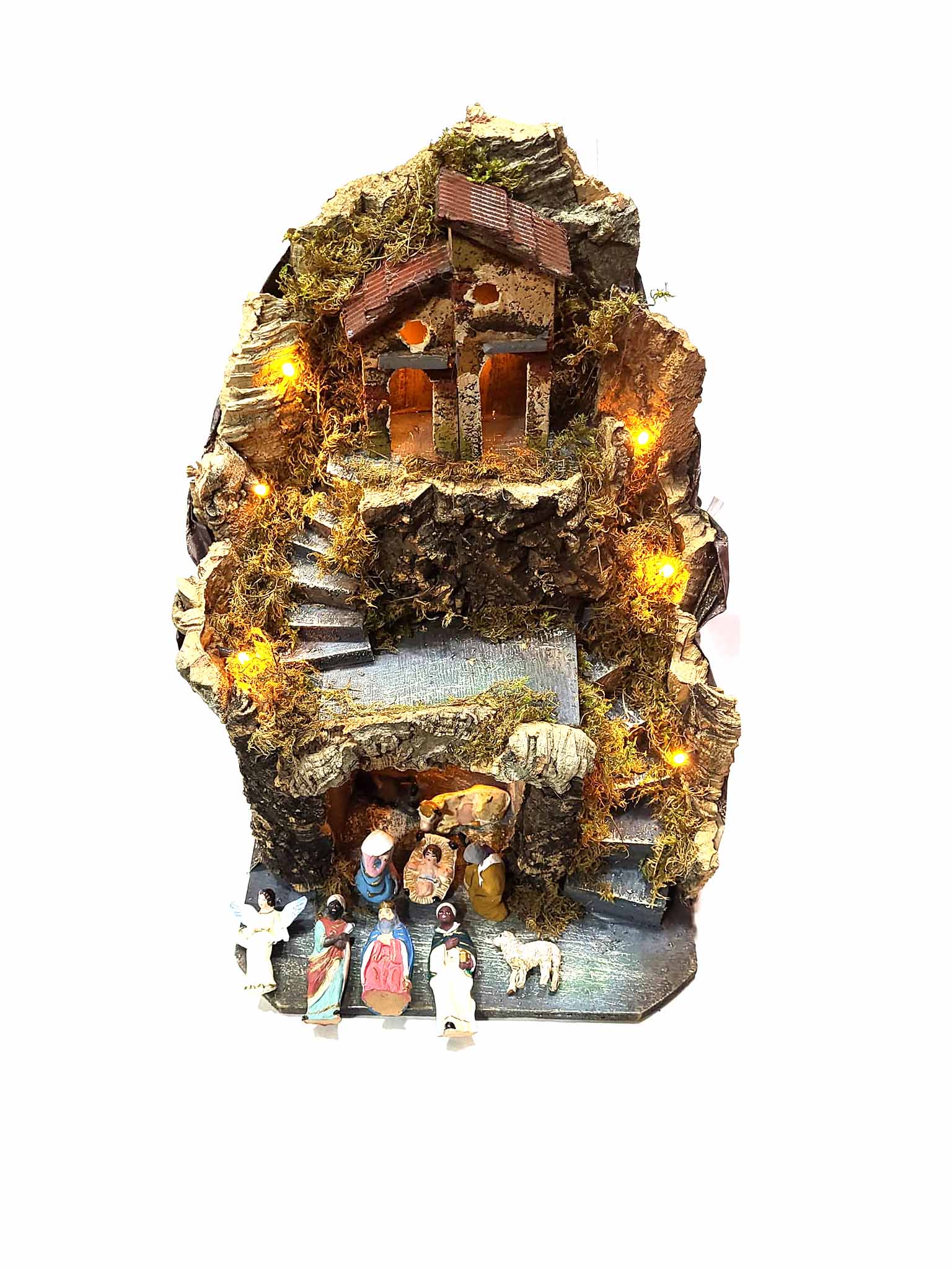 1 presepe completo art 1 picc 23×23 alto 32 cm con luci sughero e legno  napoletano con 9 pastori 7cm e 1 pecora terracotta statuine presepe ricevi  un portachiavi ARTIGIANALI non – Blu Super Shop